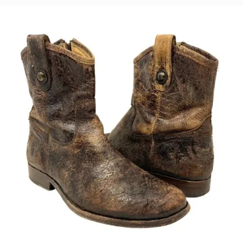 Frye Melissa Button Distressed Leather Glazed Short Zipper Boots - Size 7.5